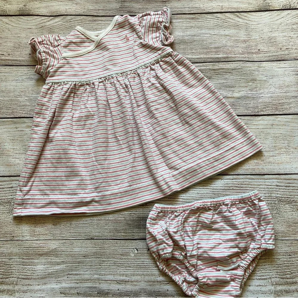 Ralph Lauren Striped Wrap Neck Dress and Bloomers Girls Size 9 mo